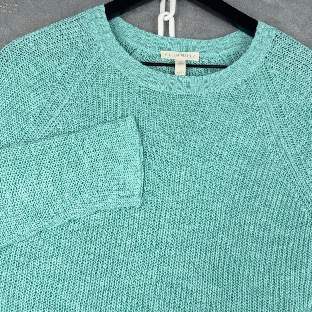 Eileen Fisher Linen Blend Slub Knit Sweater Long‎ Sleeve Aqua Green Womens XS